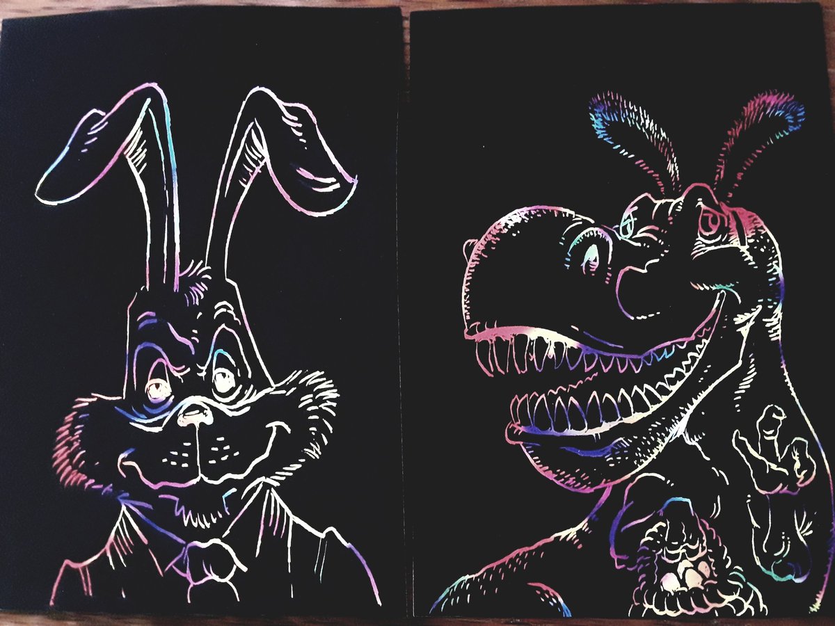 bryankellydraws's tweet photo. My son got some scratch board in his Easter basket so i drew him some holiday sketches. #EasterSunday #trex #easterdinosaur https://t.co/xEEAtxxF38