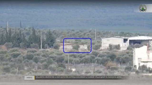 this location north of Malkiyah is referred to by HRE as 'Villa al-Qadi.' yellow - June 2019 raid, red and blue - Jan 2020 ATGMs https://www.google.com/maps/place/36%C2%B033'05.4%22N+36%C2%B059'50.6%22E/@36.5516876,36.9958452,498m/data=!3m1!1e3!4m6!3m5!1s0x0:0x0!7e2!8m2!3d36.5515034!4d36.9973735