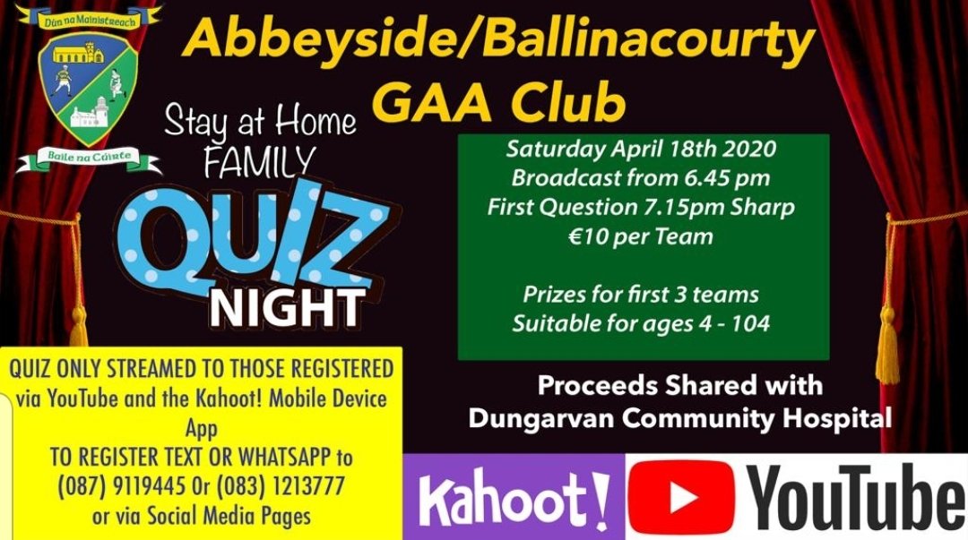 Don't forget to register for our Family Stay at Home Family Quiz night this Saturday night.  You'll be supporting our club and our Local Community Hospital.