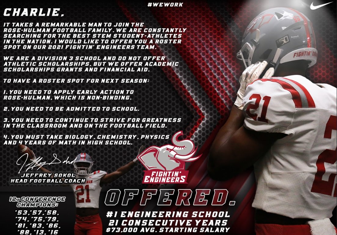 CharlieBaer71's tweet photo. I am excited and honored to receive an offer to play football  and study at the Rose-Hulman Institute of Technology - the #1 Engineering school in the country. Thank you! @CoachWatsonRHIT  @CoachNickDavis @RoseHulmanFB
@HitterFootball
@EDGYTIM @CoachBigPete https://t.co/P4yz2HMnnI