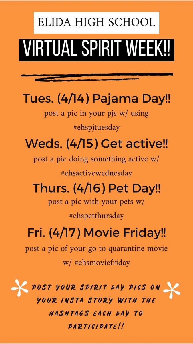 In light of covid-19, we’re doing a quarantined spirit week! You can also post here with the hashtags and we’ll retweet them!