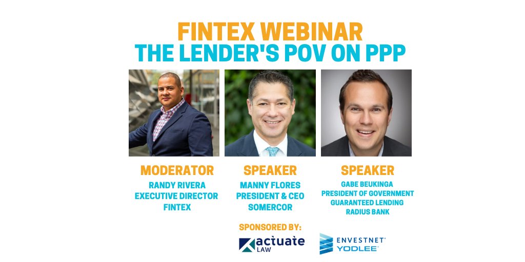 WEBINAR 4/16 @ 1:30PM CT
The Lender’s POV on PPP

Join us to discuss an update on the various loan programs and what the perspective is from a Lender’s perspective.

Register: fintex.org/events

Sponsored by: <a href="/ActuateLaw/">actuatelaw</a> <a href="/Yodlee/">Yodlee</a>