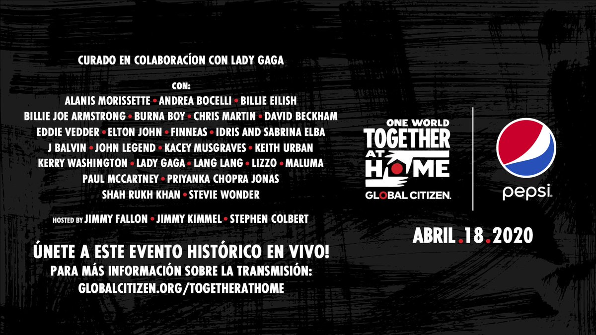 Nos emociona asociarnos con Global Citizen para apoyar la lucha global contra el COVID-19 con el One World #TogetherAtHome. Una noche inolvidable con estrellas de talla mundial. Un line up que no te podés perder. ¡Te esperamos! glblctzn.me/34aQLUB
