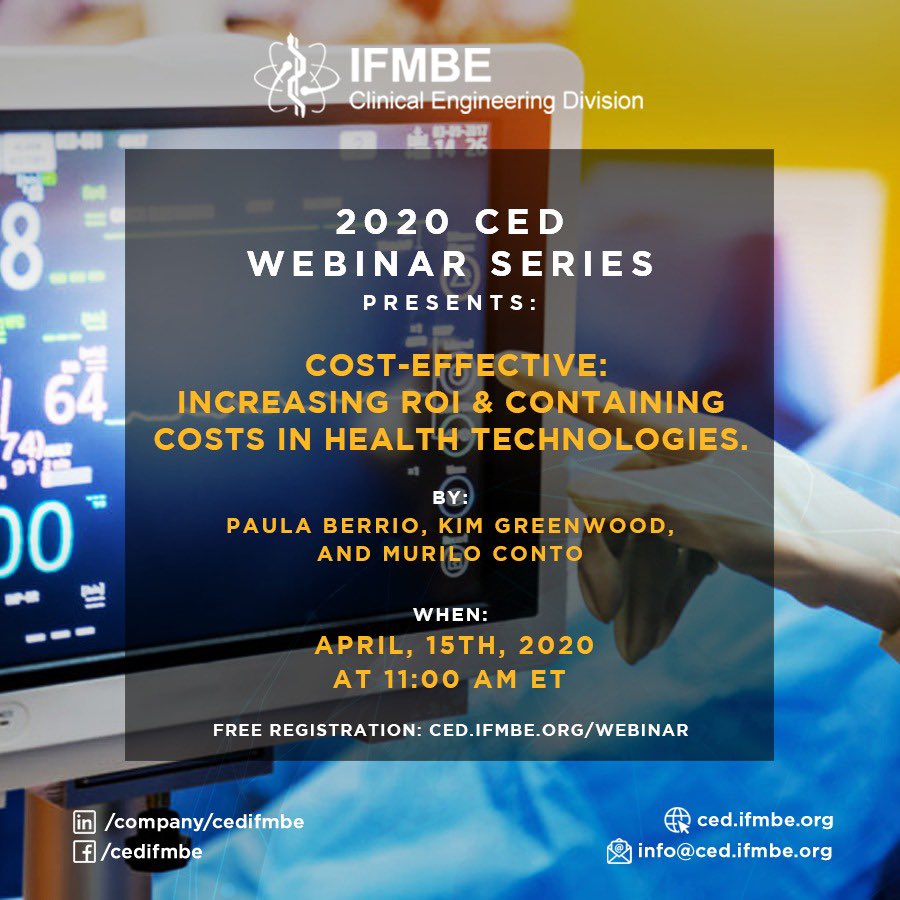 cedifmbe's tweet photo. ¡You're invited to our FREE April 15th Webinar about Cost-Effectiveness Leadership Principle in Clinical Engineering! 🙌🏻

Register here 👉🏻 : https://t.co/BwCGIOlhye

#IFMBE #IFMBECED #ClinicalEngineering #HealthTechnologyManagement #HTM https://t.co/LTBVCo4bA0