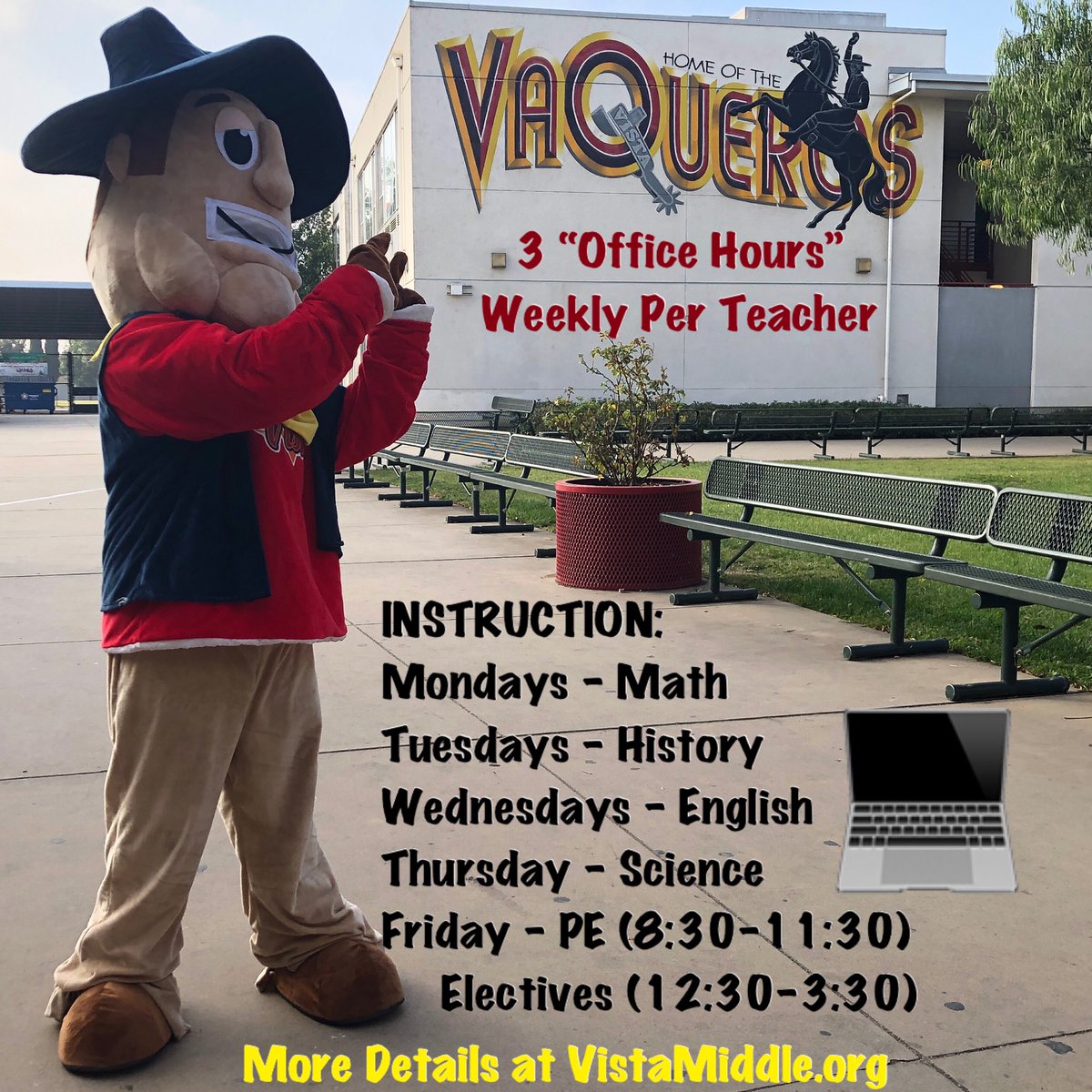 vistamiddle's tweet photo. Remote Learning continues at Vista Middle School! ๐ป#ContinuityofLearning #RemoteLearning #OfficeHours #WeeklySchedule #StudentAchievement #VistaRocks ๐ฅ https://t.co/OoVvHbauk5