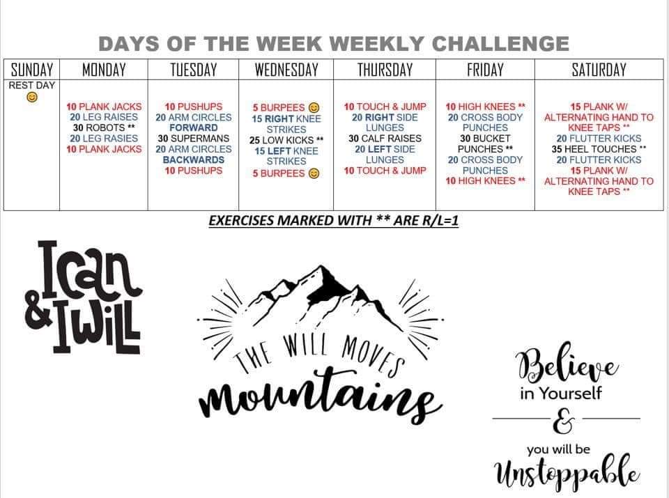 Hopefully everyone enjoyed their spring break. Here's another weekly challenge to help keep up our movement intake. 
**look up moves you may not know**
<a href="/Crockett_HPE/">Crockett Health and Physical Education</a> 
<a href="/HTSD_Crockett/">Crockett Middle School</a> 
<a href="/HTSDSuperBatlle/">Alejandro Batlle</a>