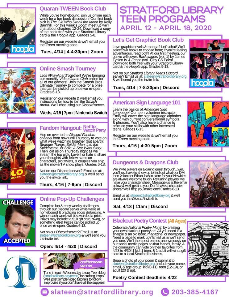 StratfordLib's tweet photo. Join us this week for an awesome lineup of #onlineprograms! From #storytimes to #bookclubs to an #allages #BlackoutPoetry contest to a #FamilyTrivia night—we’ve got something for everyone to enjoy!
#flattenthecurve #childrensprograms #teenprgograms #allinthistogether https://t.co/9vgjw7ljQ7
