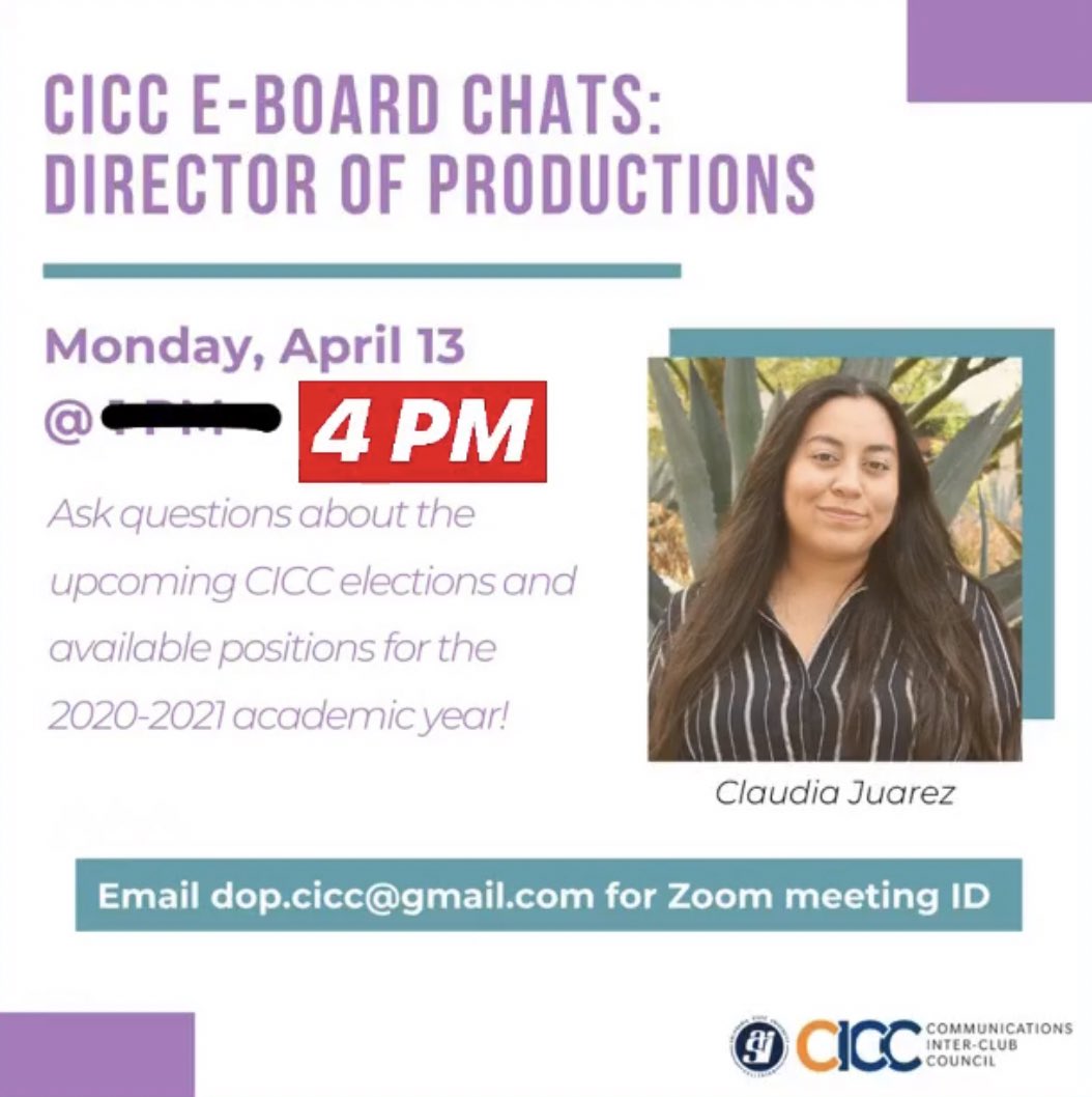 CSUFCICC's tweet image. Join our Director of Productions, Claudia Juarez, for a Zoom info session today at 4 P.M.! Email doa.cicc@gmail.com for the meeting ID 🤩 #commcsuf #csufcicc #ciccyouthere #ciccyouathome #titansreachhigher