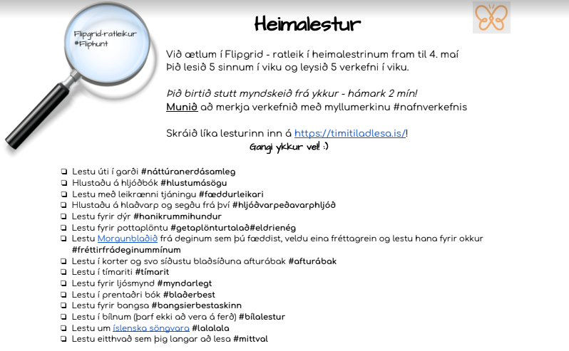 HildurArnaH's tweet photo. Þar sem þessi lestur þótti mjög skemmtilegur þá henti ég í nýjan Flipgrid - lestrarratleik. Er að gera þetta með 8. bekk en einfalt að gera með yngri🤓 #menntaspjall #utkall #lesturerbestur https://t.co/cCjJzZ6XMT