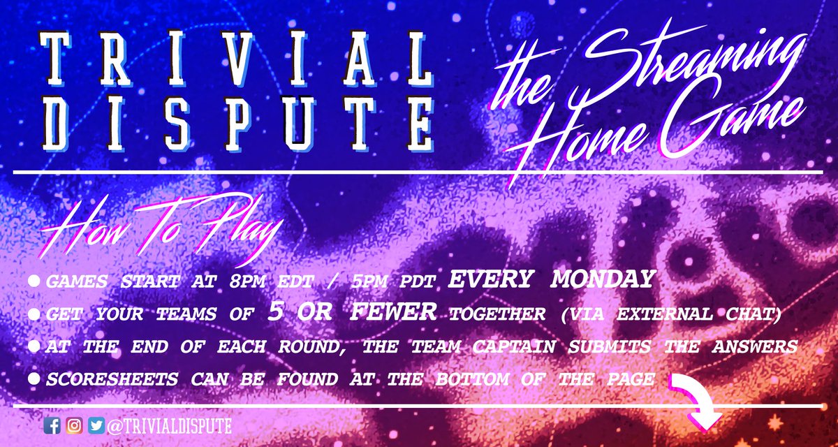trivialdispute's tweet photo. HOW TO PLAY the #TrivialDispute #StreamingHomeGame:
Gather up your team of UP TO FIVE people, hop on to www/Twitch.tv/TrivialDispute at 8pm EDT, and have one member of each team fill in the scoresheets and submit.
Those scoresheets can be found at the bottom of the Twitch page! https://t.co/35h4DJNrlR