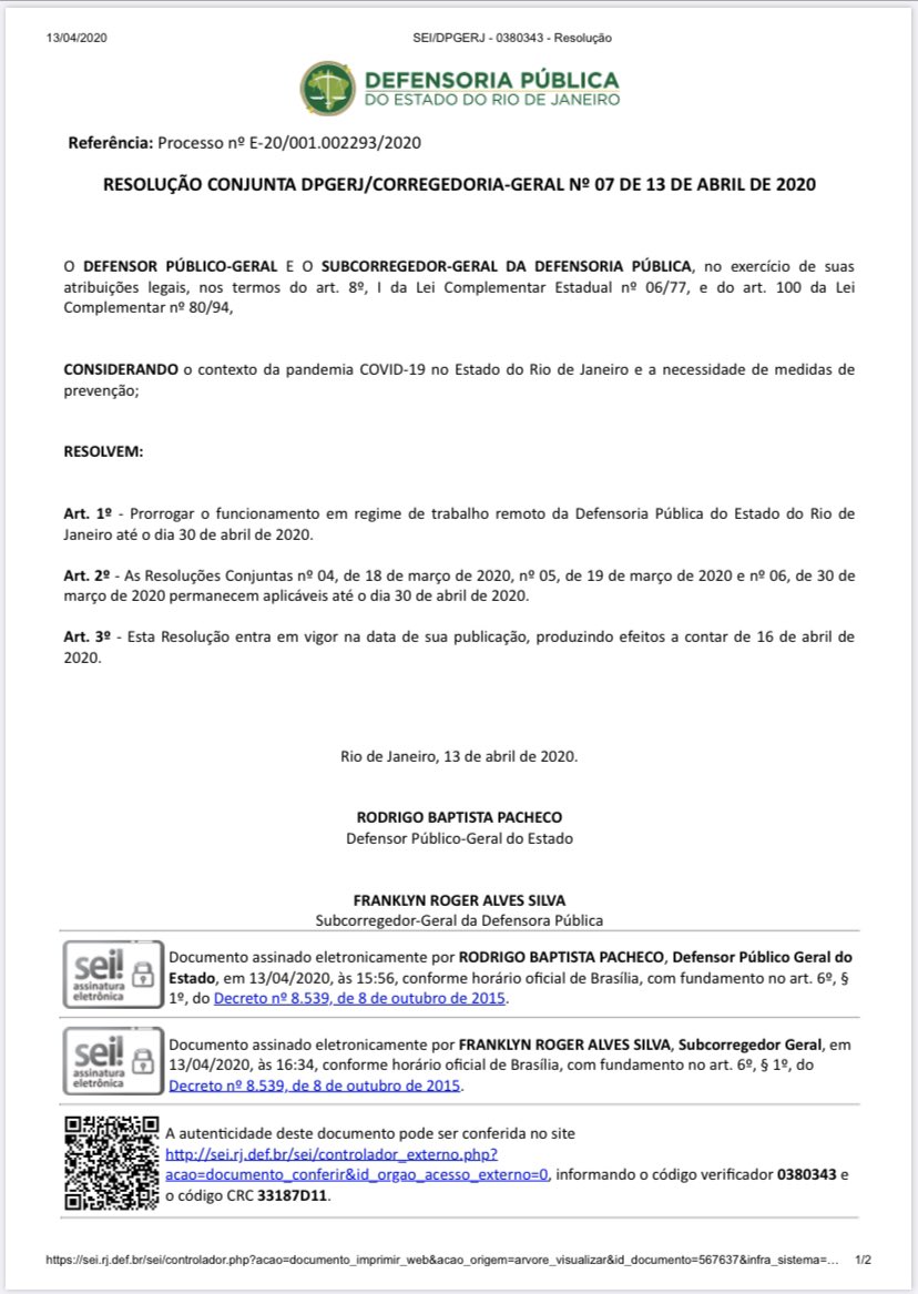 pachecodefensor's tweet photo. O regime de teletrabalho na Defensoria Pública do Rio de Janeiro, seguindo a orientação do distanciamento social, foi prorrogado até 30 de abril. https://t.co/sAEkW08aGj