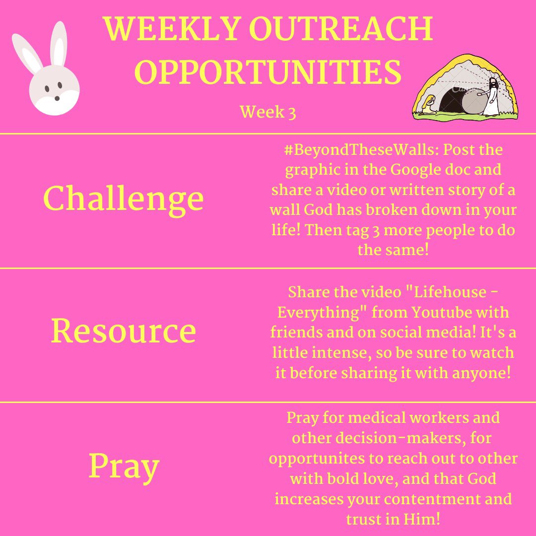 CruAtUVA's tweet photo. The third week of Weekly Outreach Opportunities is here!! We pray that the hope and joy of Easter encourages you to join us in loving our communities well! Check out the Google Doc below for more info and remember, He is Risen!!

https://t.co/f5fhBfLaqf https://t.co/j5fkHRpoSX
