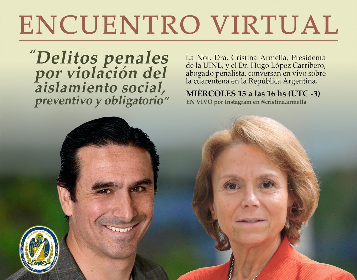 El miércoles a las 16 hs estaré charlando EN VIVO con el Dr. Hugo Carribero desde mi cuenta de Instagram /cristina.armella 📱⚖️