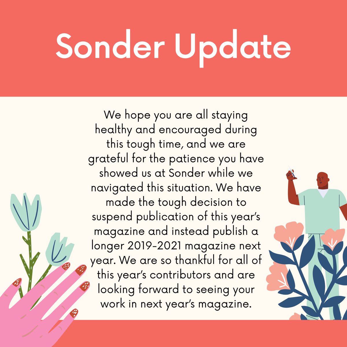 sondermshs's tweet photo. UPDATE ON SONDER: we will be producing a longer 2019-2021 magazine next year, so all your hard work won’t go to waste. Current senior contributors can expect Sonder to reach out to them soon for bios to go into next year’s magazine. Thanks for your patience! https://t.co/2ZDMkxongB