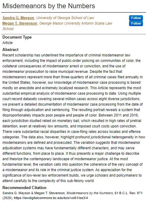 If you, like me, find data & graphs to be a soothing balm in troubled times, then I have a present for you. Sandy Mayson and I have a new paper that provides more data on misdemeanor case processing than a reasonable person could absorb in a week - even a quarantined week! 1/