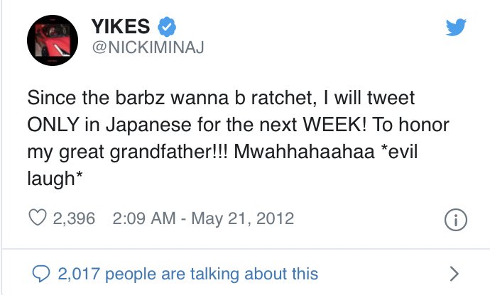 “Lil bad Trini bitch but she mixed with China”Born in Trinidad, Nicki once tweeted about only speaking in Japanese to honor her great grandfather, suggesting that she indeed has an Asian heritage, though not necessarily Chinese. She also has Indian and mostly African ancestry.