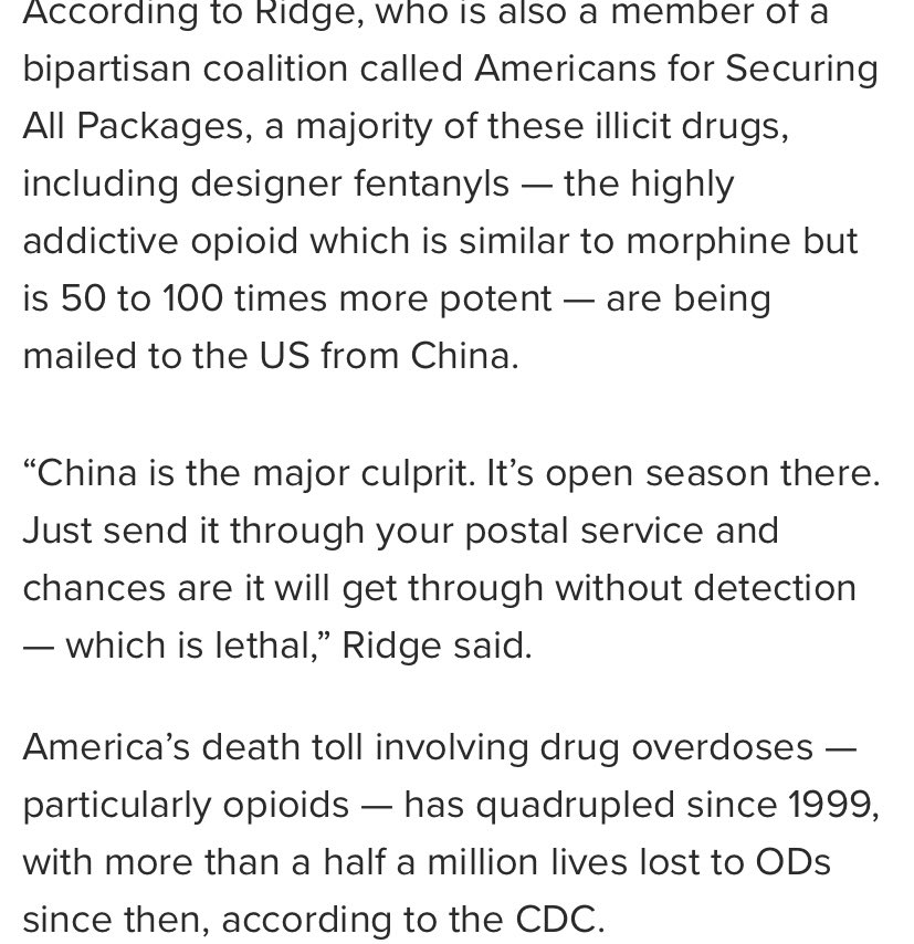 Sending drugs to China isn’t an uncommon practice—a majority of illicit drugs sent through the US postal service are going to China due to loopholes in the postal system. In 2017, Tom Ridge, former Homeland Security secretary, told New York Post about the Chinese drug trade: