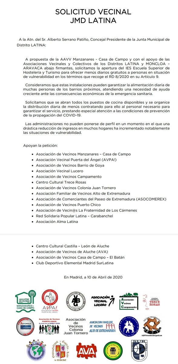 PodemosLatina's tweet image. 🙋Ante la emergencia social:
✍️Apoyamos la petición de AAVV a la JMD-Latina.
👉Escuela de Hostelería Lago abierta para alimentación de la población más vulnerable en condiciones seguras.
Basta de ponerse de perfil.
Gracias al movimiento vecinal que pone la vida en el centro.
💜✊