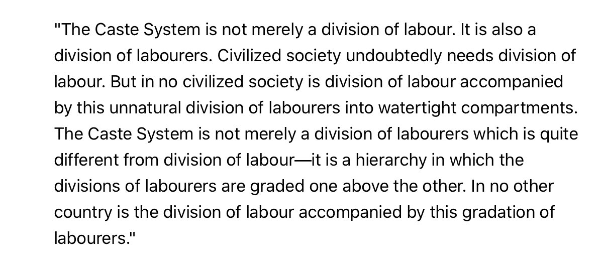On Ambedkar Jayanti, I want to share my favorite Ambedkar quote which I think is crucial to understand as an economist and student of the market process. "The Caste System is not merely a division of labour. It is also a division of labourers.“