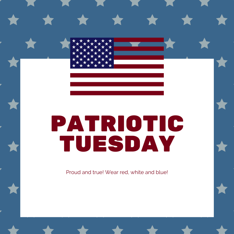 PershingHillPTA's tweet photo. Tomorrow is Patriotic Tuesday! Snap a pic of you wearing red, white and blue and tweet it! Tag us with @PershingHillPTA  and @PershingHillES. Don't forget to add #PHESpride https://t.co/oiiEDYQH33