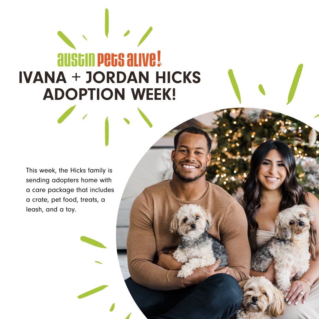 JordanHicks's tweet photo. My wife &amp; I have partnered with @austinpetsalive to get animals into homes during this wild time. We will be giving every adopter a care package that includes a crate, pet food, treats, a leash, a toy, litter for cats, and a gift card.

Find your forever friend now! https://t.co/8yBPz99s3N