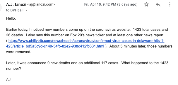 AnthonyIanozi's tweet photo. I never got a response, now I'm having trouble trusting the numbers @Delaware_DHSS #coronavirus #CoronaVirusUpdate #CoronavirusUSA https://t.co/u7mnhY0n4O