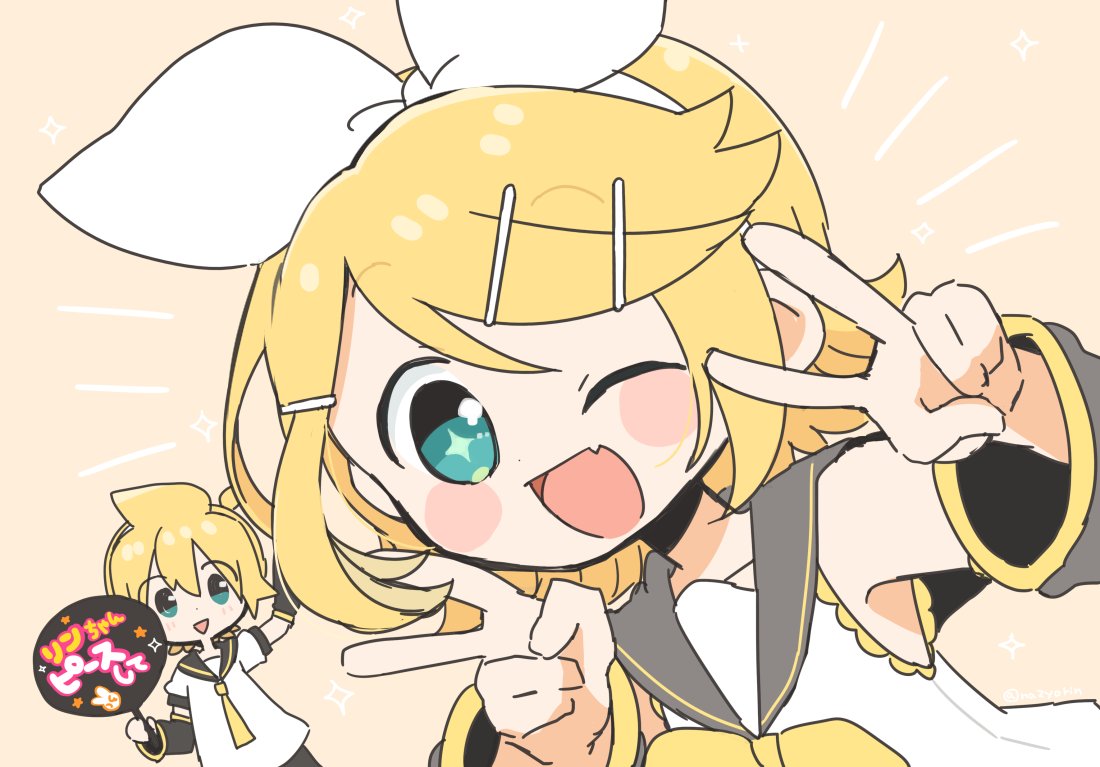 kagamine len ,kagamine rin 1girl 1boy blonde hair one eye closed v hand fan sailor collar  illustration images