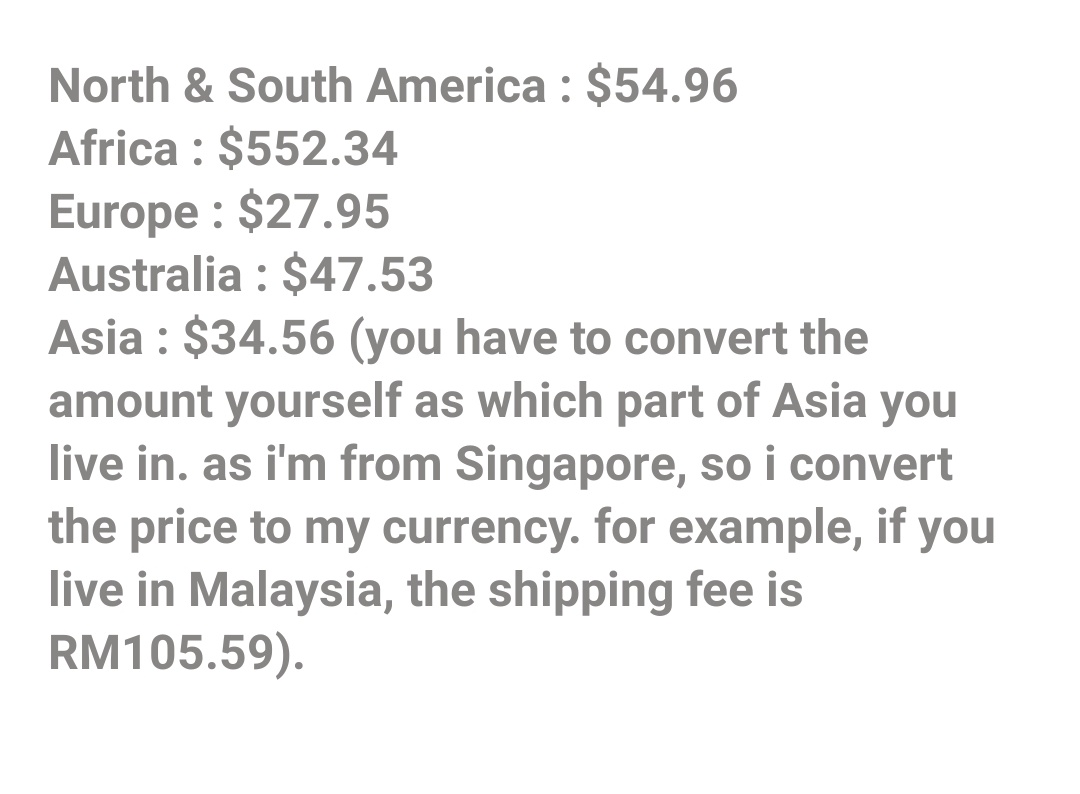 4. and then, there's another one which you have to choose WHICH AREA you stay because the shipping fee is different. not all countries are the same. look  at the list and choose which one. and again, if you lazy to convert the shipping fee, just look at the second pic.