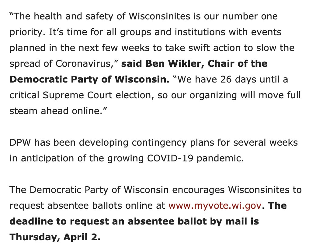 On March 15, Wisconsin health authorities urged the public to practice social distancing and postpone gatherings larger than 250 people. We went all-virtual immediately. The absentee ballot push began. 26 days until the election. Everything in doubt. https://www.wispolitics.com/2020/wisdems-shift-to-all-virtual-organizing-and-postpone-in-person-events-amid-covid-19-guidance/