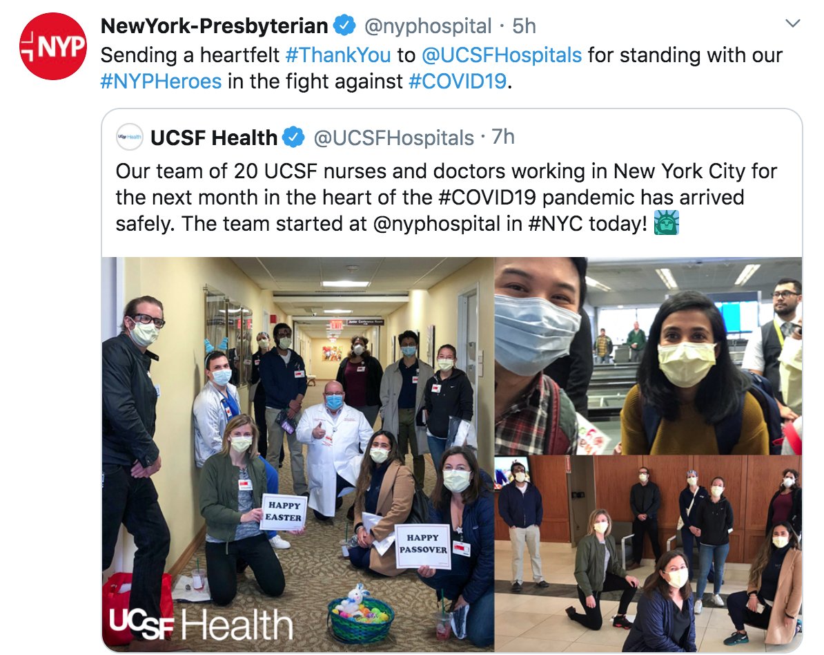 2/ Still awed by my 20  @ucsf colleagues (12 MDs, 8 RNs) now in NYC, most  @nyphospital, Queens. Here’s send-off video by  @united,  https://bit.ly/3ej79XK  which flew them gratis (see special guest at 0:20). Utterly heartwarming. Early reports back: it’s still quite terrible in NY.