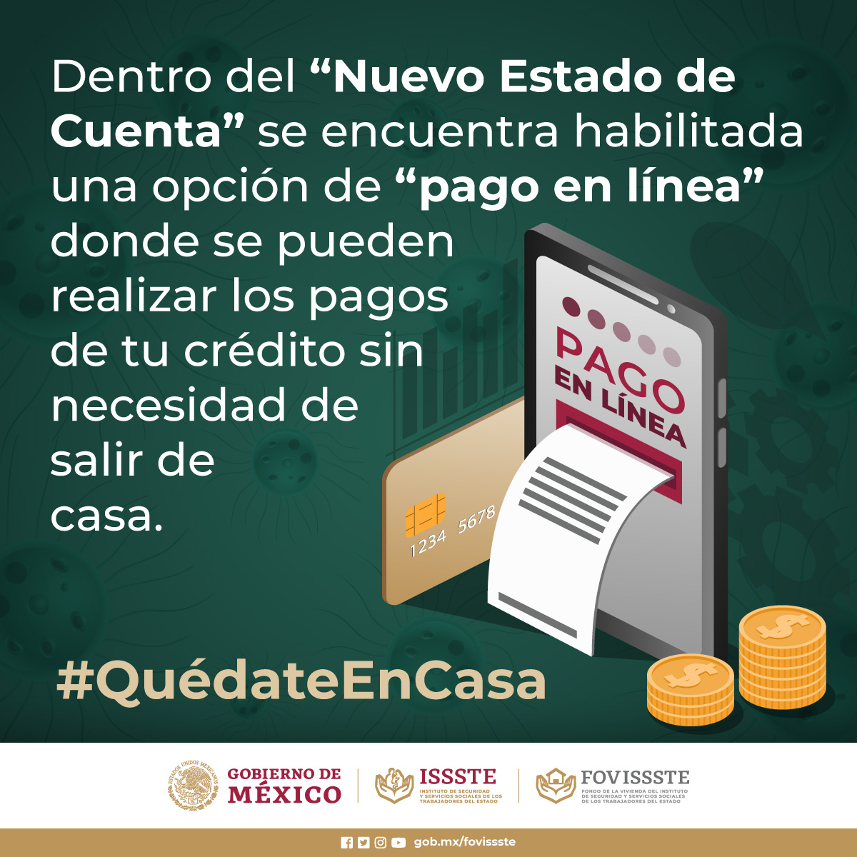 FOVISSSTEmx's tweet image. #QuédateEnCasa y realiza el pago de tu crédito FOVISSSTE desde tu computadora con acceso a internet.