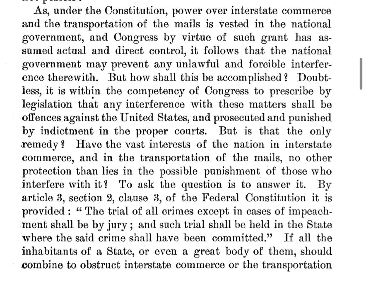 The problem with Debs as a precedent here is that, as Justice Brewer explained for the Court, the interference justifying the injunction wasn’t with “interstate commerce” in the abstract, but with specific Acts of Congress that were to be enforced by ... the Executive Branch: