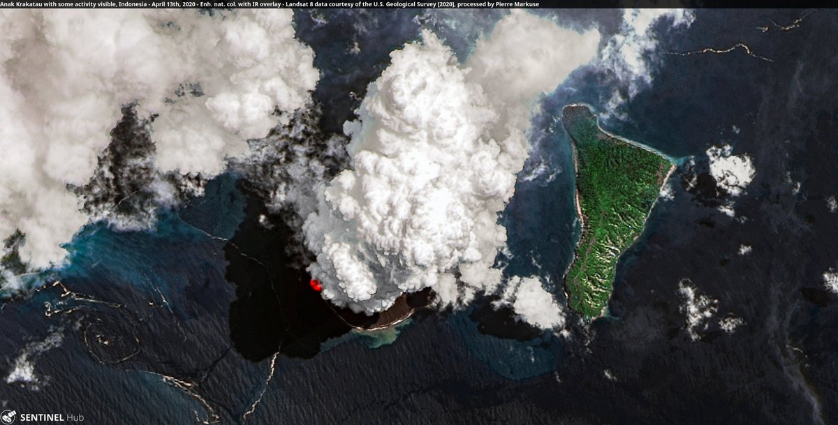 🟠 Anak Krakatau🌋 with some activity visible, #Indonesia🇮🇩 13 April 2020 Enh. nat. col. + IR overlay #Landsat-8🛰️ Full-size ➡️ flic.kr/p/2iQ73k4 #RemoteSensing #scicomm #OpenData #Volcano #AnakKrakatau