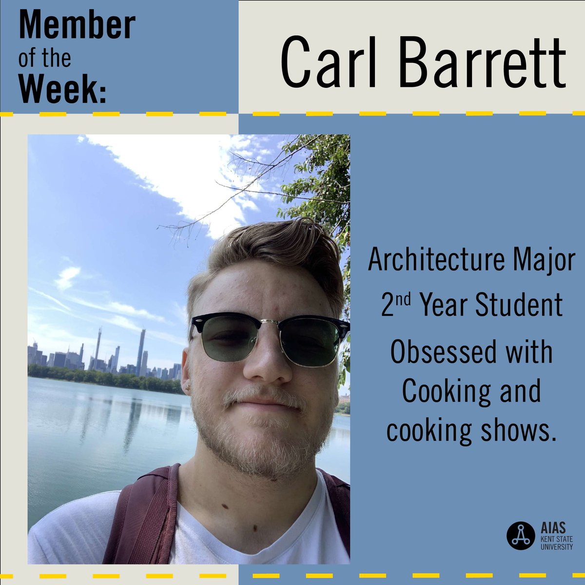 This weeks member of the week is Carl Barrett! He has been a member for 2 years now, and is currently a candidate in our cup coming elections! Some of his favorite cooking shows include Ugly Delicious and Chefs Table!

#memberoftheweek #aiasmidwestquad #kentcaed #uglydelicious