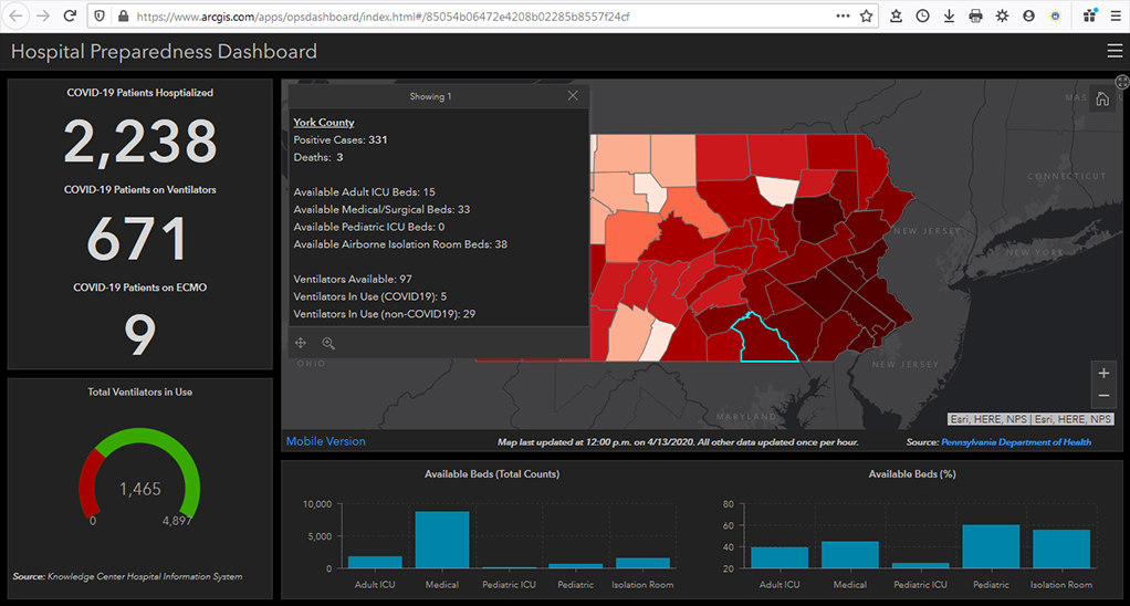 And here's one from the US, that tracks available hospital beds, ICU beds, airborne isolation beds and ventilators by county: https://www.arcgis.com/apps/opsdashboard/index.html#/85054b06472e4208b02285b8557f24cf/3