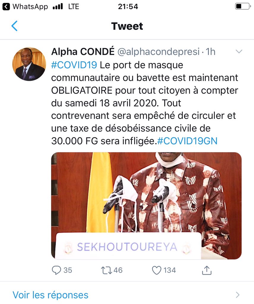 Avant de rendre le port de masque obligatoire <a href="/alphacondepresi/">GuinéeR</a> et son gouvernement devraient commencer par fournir ce précieux sésame à son peuple. Le PRG tient bien sa promesse de n’offrir aux guinéens que du sang, de la sueur et des larmes. Comptons sur nous mêmes concitoyens.