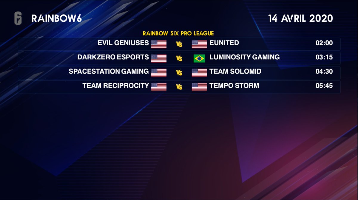 IMP_Rainbow6's tweet photo. Programme Rainbow Six du 14 Avril 2020👇

Rainbow Six Pro League 

👹 Evil Geniuses (8e) vs eUnited (6e) 🥋
🏴 Darkzero Esports (3e) vs Luminosity Gaming (5e) 🏮
🛰 SpaceStation Gaming (2e) vs Team Solomid (1er) 💥
🔥 Team Reciprocity (4e) vs Tempo Storm (7e)🌪 https://t.co/j1YeULsG3x