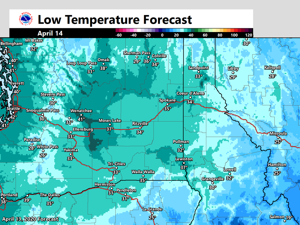 NWSSpokane's tweet image. High clouds will increase overnight and should help temperatures not drop so COLD overnight. Here's the forecast lows for tonight. #wawx #idwx #bringbackspring