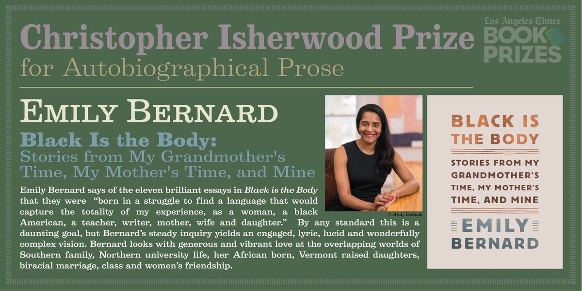 Our Christopher Isherwood Prize for Autobiographical Prose winner is...  @Emilyebernard! https://www.latimes.com/entertainment-arts/books/story/2020-04-09/times-virtual-book-prizes-2020