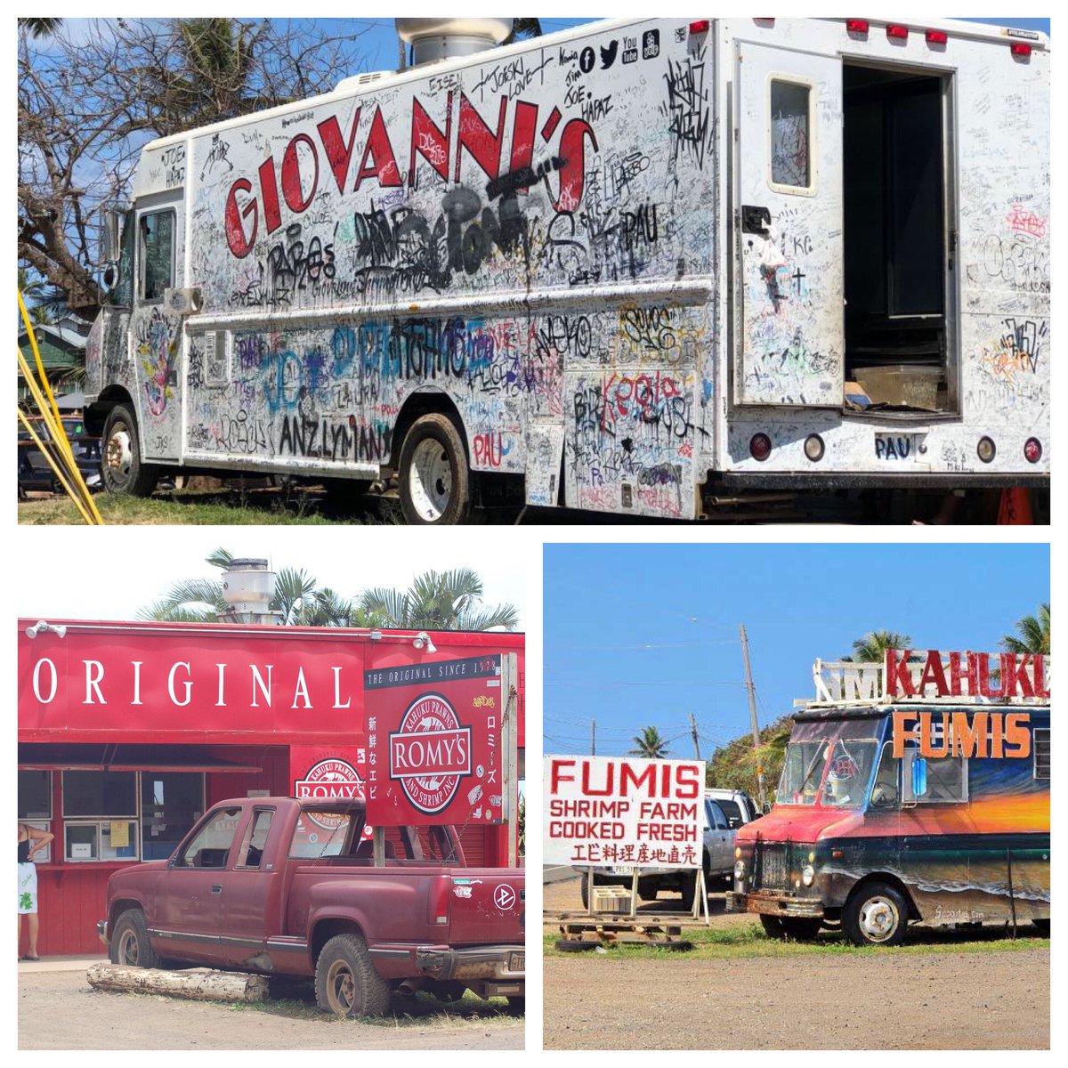 DillonAncheta's tweet photo. Let’s argue: Which Kahuku Shrimp truck is best?
#KahukuShrimpBattle 🍤 🦐
#Giovannis vs. #Romys vs. #Fumis https://t.co/McQcLSpvyi