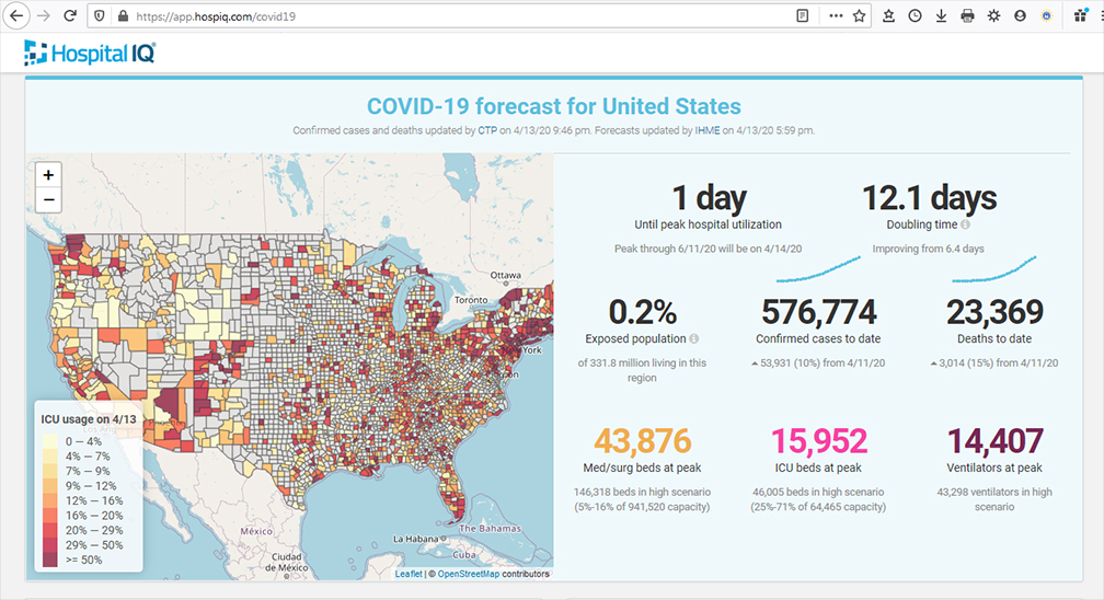 Another dashboard, covering the whole of the US that allows you to drill down to county level, made by HospIQ: https://app.hospiq.com/covid19 /4