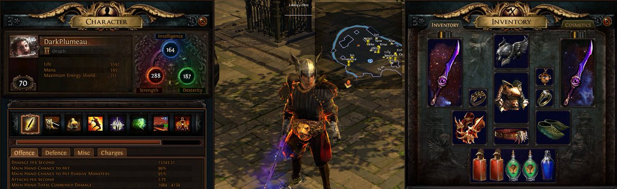 Atondd's tweet photo. Lvling du nouveau perso terminé ! Il manque pas mal de pièce de stuff (Ne regardez pas les bottes et les anneaux :D) mais on y travaille demain ! Darkplumeau est dans la place #poe #inlan https://t.co/1gK1DtLqMe