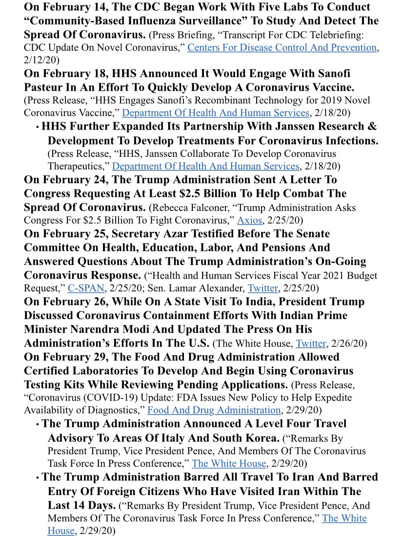 Anyone asking what  @realDonaldTrump did to combat Coronavirus in February, here is a comprehensive list including: Deploying testing kids Removing bureaucratic red tape to develop a vaccine and testing faster Emergency funding request