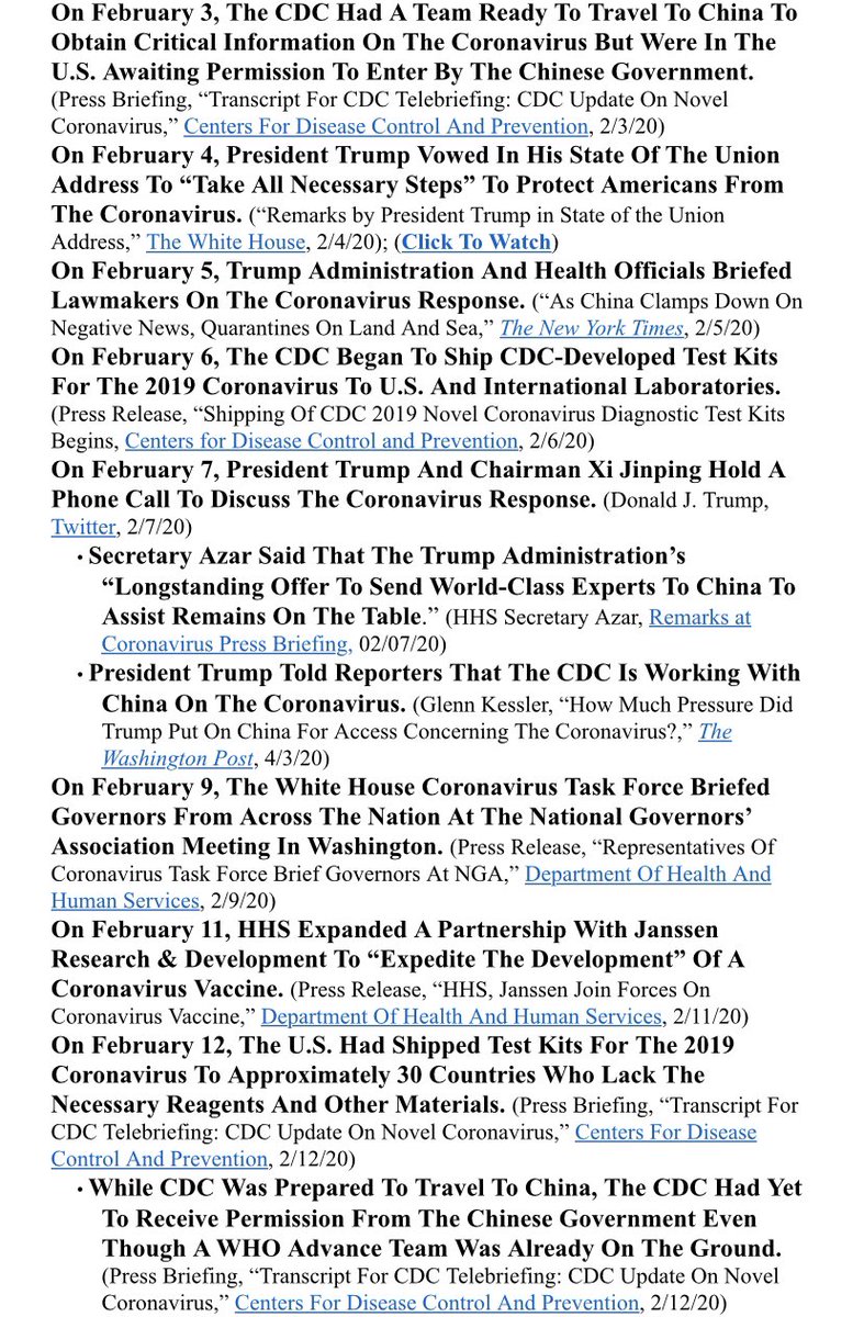 Anyone asking what  @realDonaldTrump did to combat Coronavirus in February, here is a comprehensive list including: Deploying testing kids Removing bureaucratic red tape to develop a vaccine and testing faster Emergency funding request