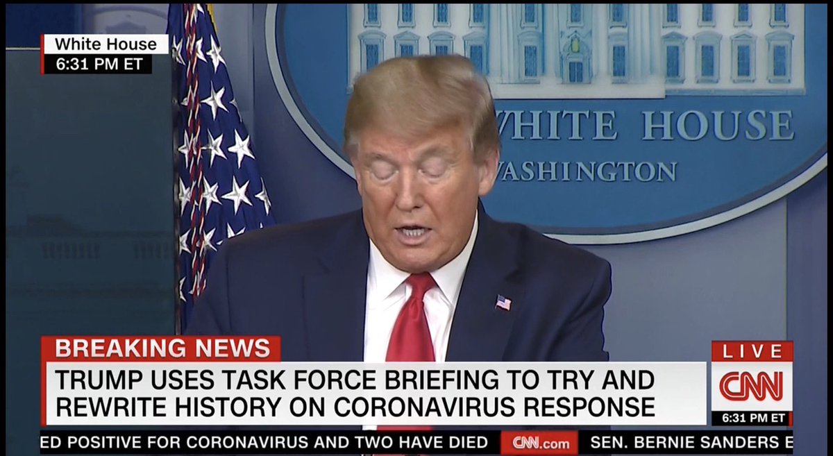 This  #COVID19 “briefing” is getting worse by the second for  @realDonaldTrump. @CNN just changed its chyron to “Trump Uses Task Force Briefing to Try and Rewrite History on  #Coronavirus Response.” #CoronavirusTimeline  #TrumpLies  #TrumpMeltdown