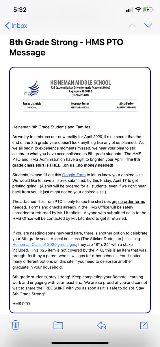 JLitchfield158's tweet photo. The @HeinemanHawks PTO has sent an uplifting message to all 8th grade students. Check your email for the Google form to claim your FREE 8th grade class t-shirt. We hear you, we support you, we LOVE you! 💙🤍💙 https://t.co/q6rKvrBRGw