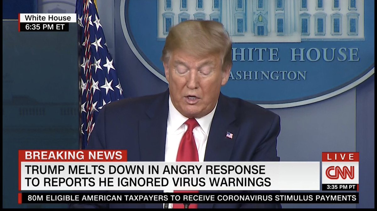 Trump’s “briefing” has gone from horrific to even worse, as  @CNN’s chyron correctly notes: “Trump Melts Down in Angry Response to Reports that He Ignored Virus Warnings.”Trump *did* ignore REPEATED warnings about the  #coronavirus, and now THOUSANDS of Americans are DYING.