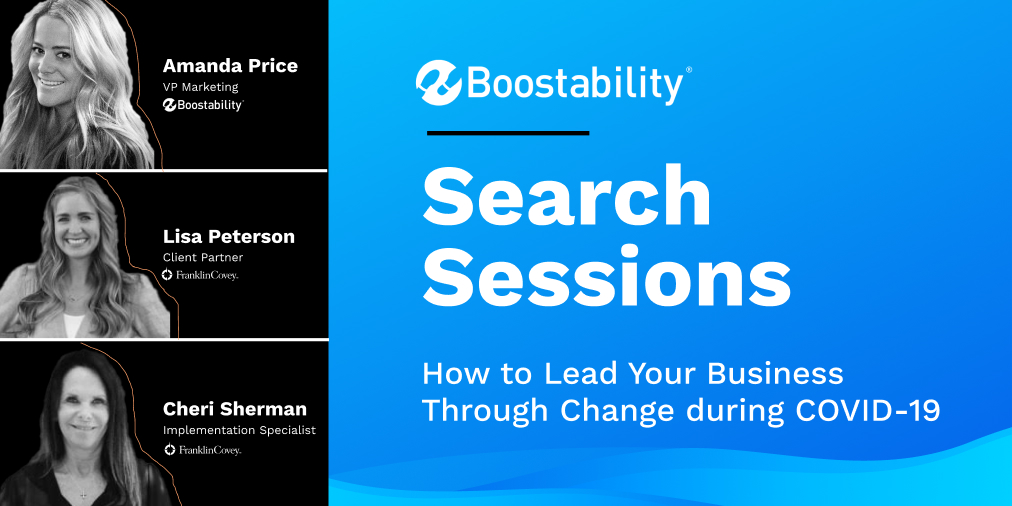 Sign-up for this week's <a href="/Boostability/">Boostability</a> Boostability Search Sessions as we discuss 'How to Lead Your Business Through Change During COVID-19' with Lisa Peterson and Cheri Sherman from <a href="/franklincovey/">FranklinCovey</a>.

Register now! boostability.zoom.us/webinar/regist… 
#BoostSearchSessions #webinar #covid19