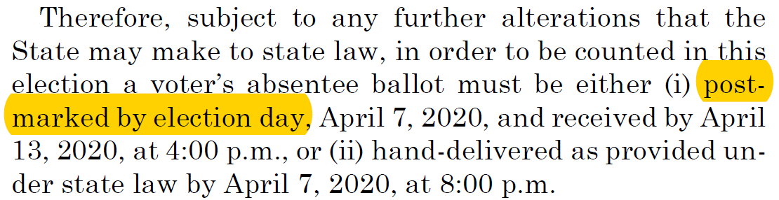 As we focus on how badly the  @RNC lost in Wisconsin today. It lost more than the judicial election. It lost a very BIG legal issue for the Fall. Last week, the SCOTUS majority adopted my legal position that ALL ballots postmarked by Election Day must be counted. (1/6)