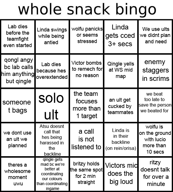 Wholesnack_OW's tweet photo. Whole Snack Scrim bingo https://t.co/wKshwEfO1t